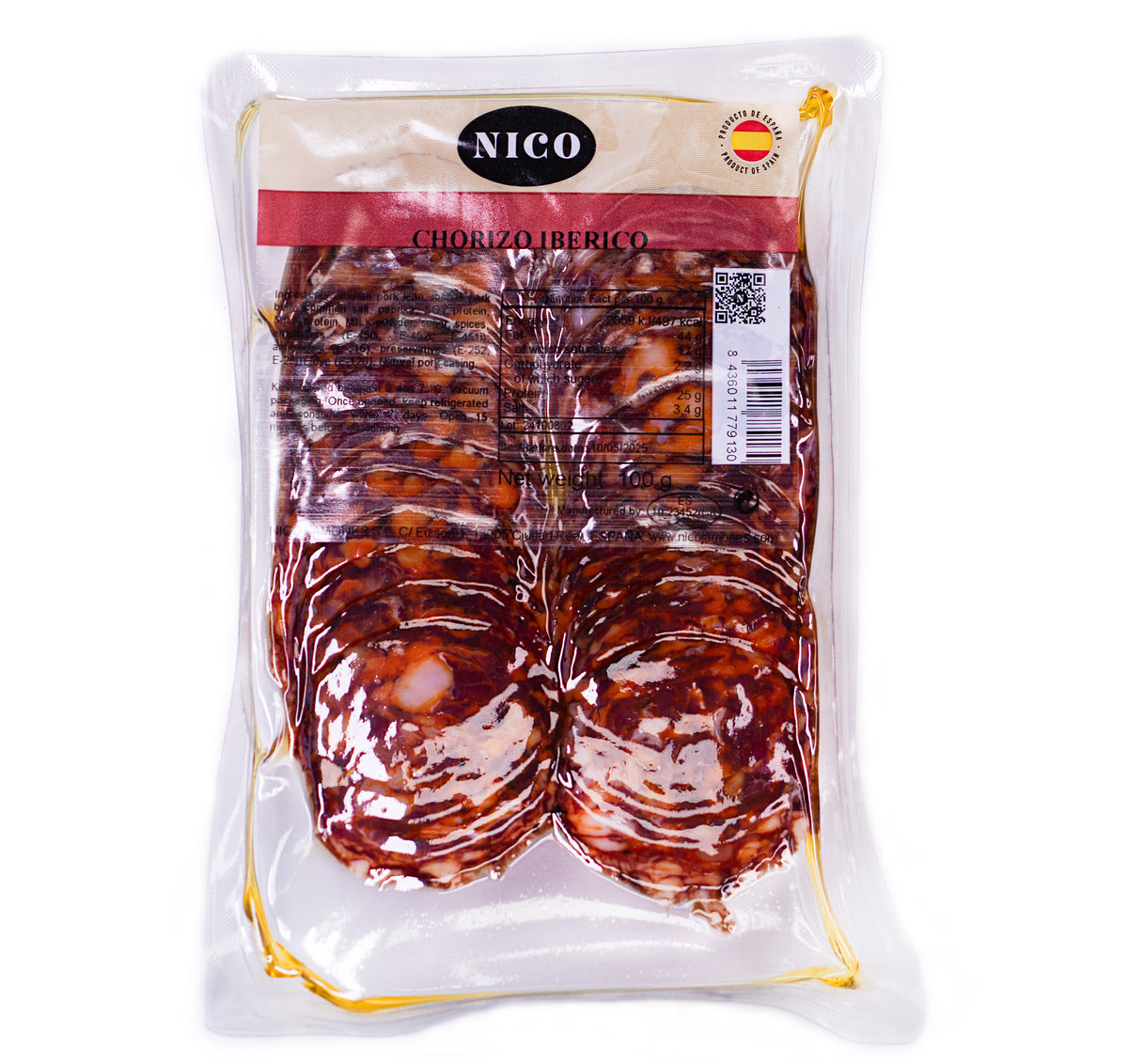 Pjaustyta CHORIZO IBERICO dešra NICO JAMONES, 100g